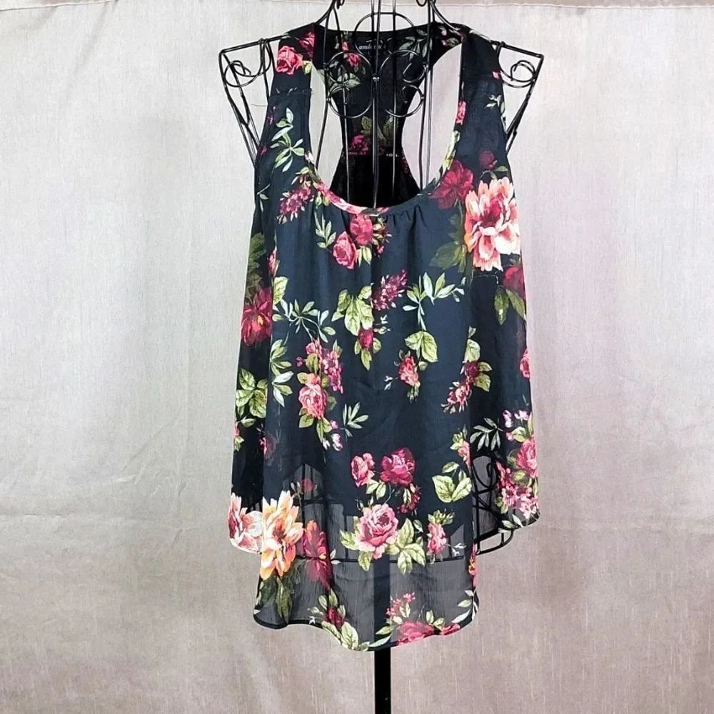 AMBIANCE Black and Pink Floral Blouse Size Small